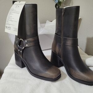 Women's Distressed Brown Lilith Short Moto Boot with Buckles Biker